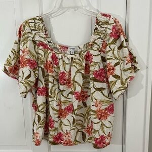 Kensie Linen Blend Cream Floral Short Sleeve Ruched Top Shirt Cottagecore Beachy